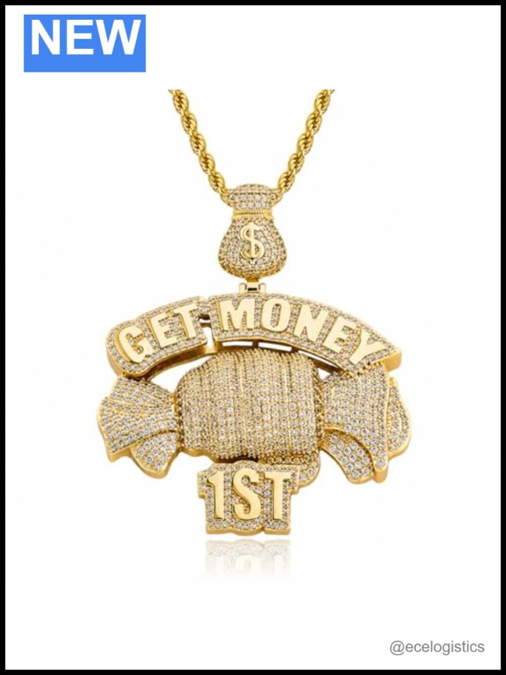 ICEDIAMOND Money Bag Pendant Necklace 14K Gold Plated Brass 3A Cubic Zirconia